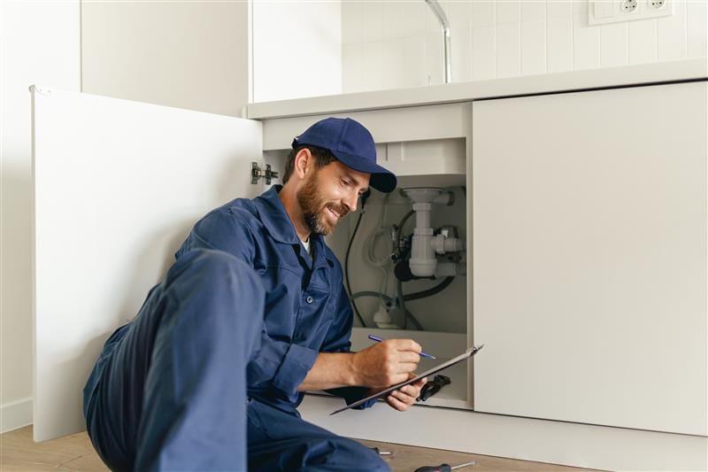 Residential plumber reviewing plumbing repairs in a Cape Coral kitchen